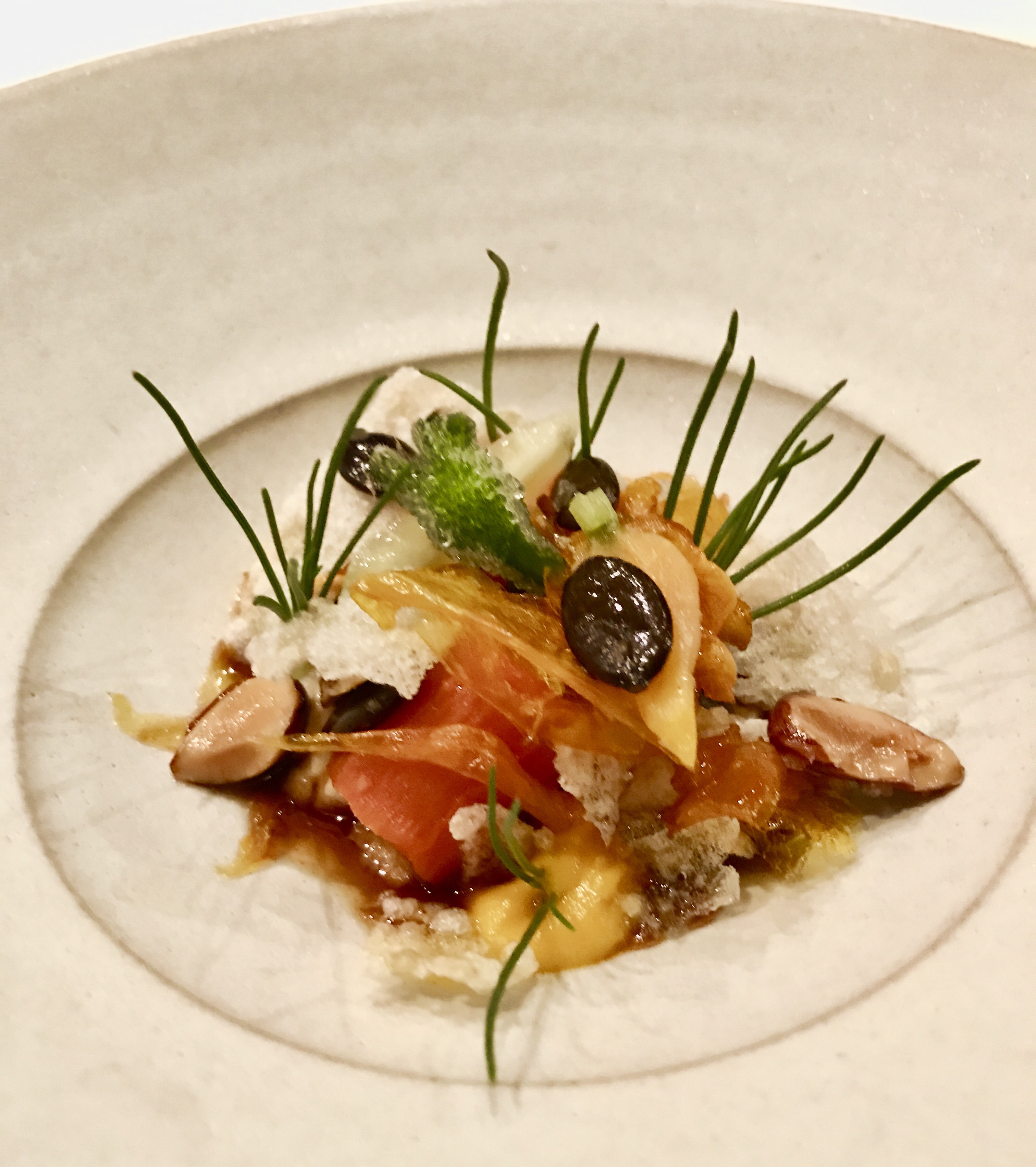 Second course: salad of slow cooked carrots, sheep milk feta, smoked almonds, sherry caramel, pepitas, agretti